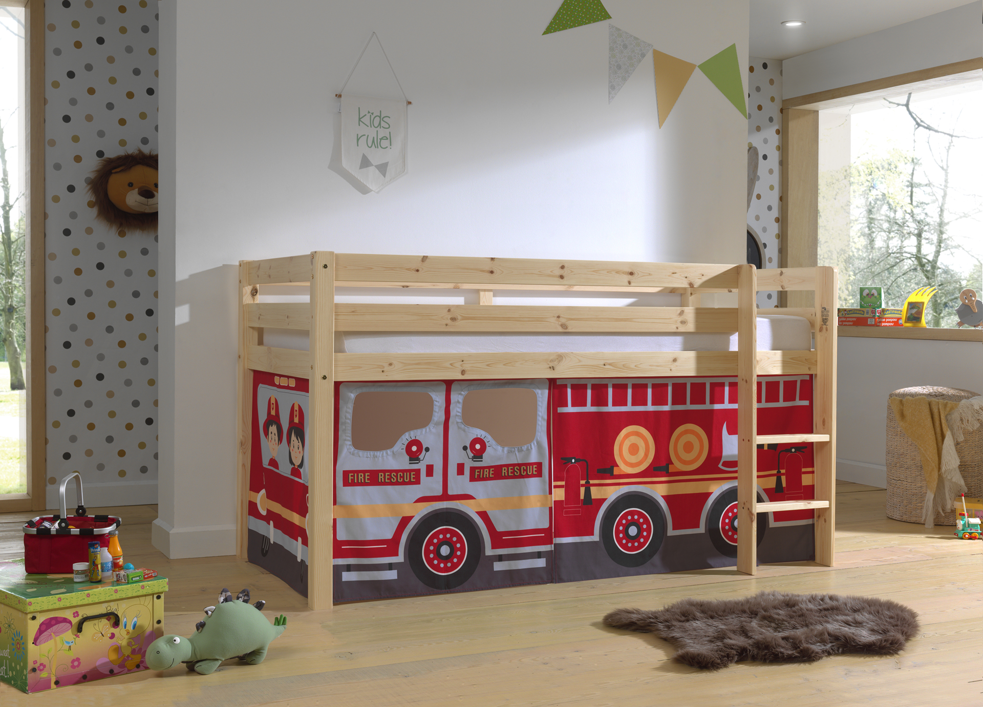 LUCEVI - Pino Halfhoogslaper H115CM + Ladder + Fire Truck Gordijntjes - Bruin - 90x200 cm