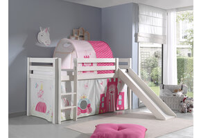 LUCEVI - Pino Halfhoogslaper + Ladder + Glijbaan + Princess Gordijntjes + Princess Tunnel - Wit - 90x200 cm