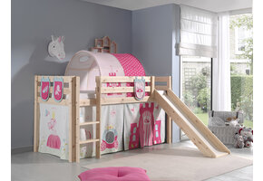 LUCEVI - Pino Halfhoogslaper + Ladder + Glijbaan + Princess Gordijntjes + 3 Zakjes + Princess Tunnel - Bruin - 90x200 cm