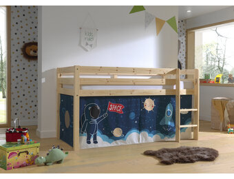 LUCEVI - Pino Halfhoogslaper H115CM + Ladder + Space Shuttle Gordijntjes - Bruin - 90x200 cm
