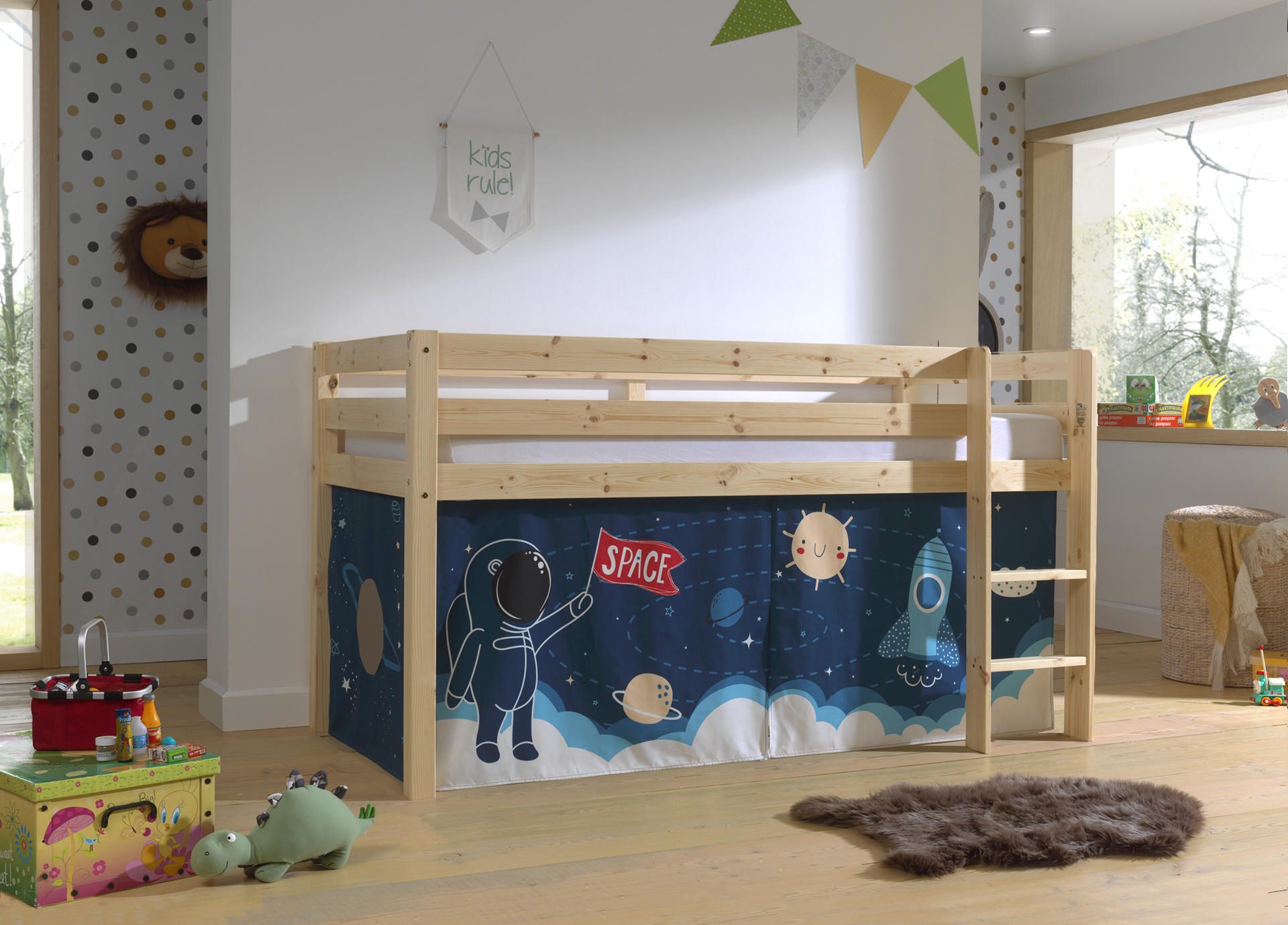 LUCEVI - Pino Halfhoogslaper H115CM + Ladder + Space Shuttle Gordijntjes - Bruin - 90x200 cm