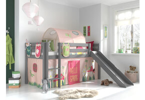 LUCEVI - Pino Halfhoogslaper + Ladder + Glijbaan + Spring Gordijntjes + 3 Zakjes + Spring Tunnel - Grijs - 90x200 cm