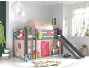 LUCEVI - Pino Halfhoogslaper + Ladder + Glijbaan + Spring Gordijntjes + 3 Zakjes + Spring Tunnel - Grijs - 90x200 cm