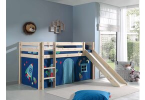 LUCEVI - Pino Halfhoogslaper + Ladder + Glijbaan + Astro Gordijntjes - Bruin - 90x200 cm