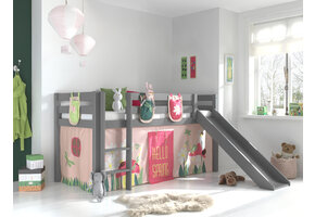 LUCEVI - Pino Halfhoogslaper + Ladder + Glijbaan + Spring Gordijntjes + 3 Zakjes - Grijs - 90x200 cm