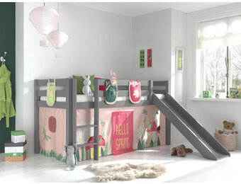 LUCEVI - Pino Halfhoogslaper + Ladder + Glijbaan + Spring Gordijntjes + 3 Zakjes - Grijs - 90x200 cm