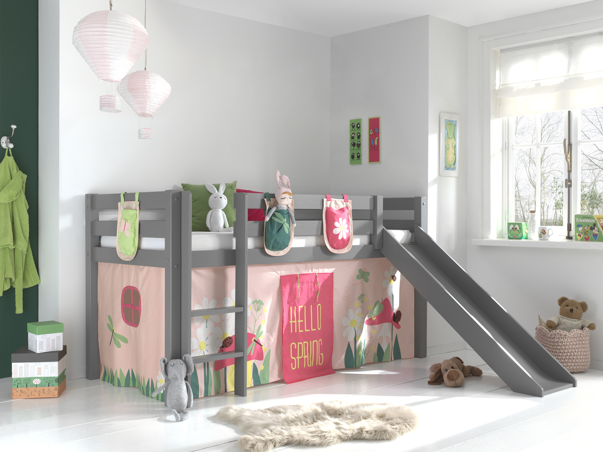 LUCEVI - Pino Halfhoogslaper + Ladder + Glijbaan + Spring Gordijntjes + 3 Zakjes - Grijs - 90x200 cm