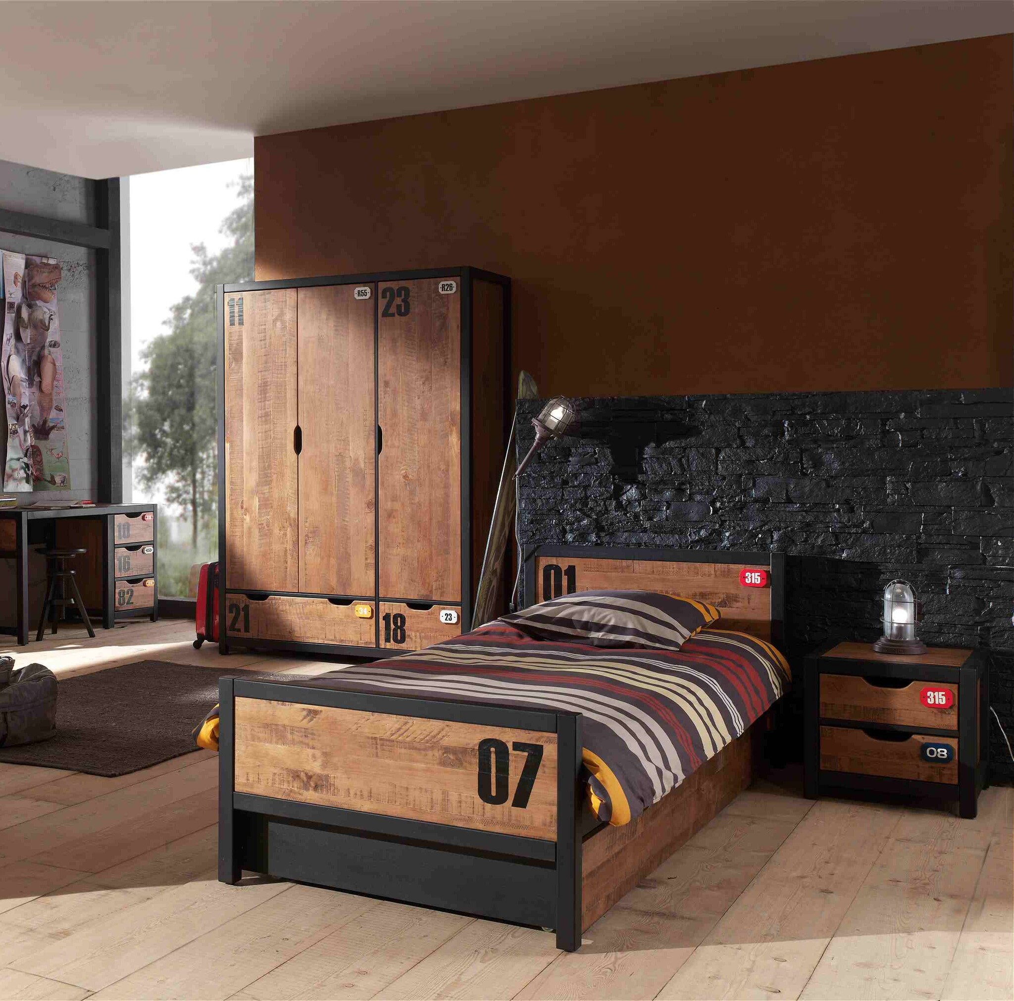 LUCEVI - Alex bed + Lattenbodem + Rolbed + Nachtkastje + 3 Deurs Kleerkast - Bruin - 90x200 cm