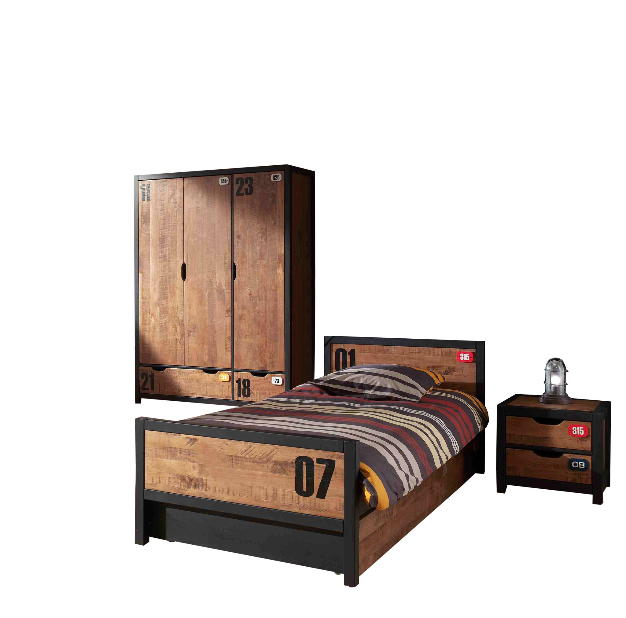 LUCEVI - Alex bed + Lattenbodem + Rolbed + Nachtkastje + 3 Deurs Kleerkast - Bruin - 90x200 cm