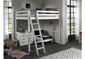 LUCEVI - Pino Mezzanine Bed + Ladder + Commode 4 Laden + Slaapfauteuil - Wit - 140x200 cm