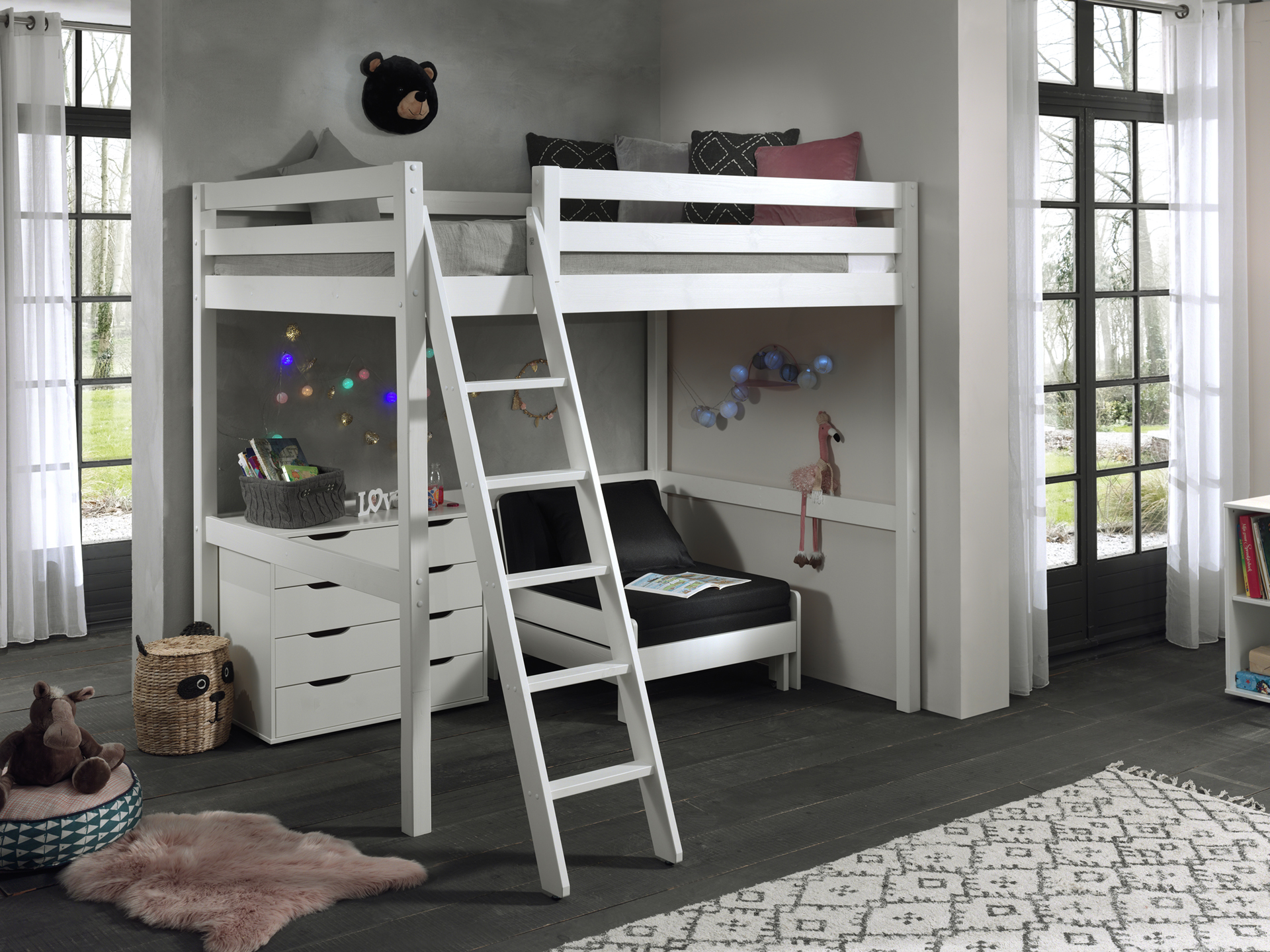 LUCEVI - Pino Mezzanine Bed + Ladder + Commode 4 Laden + Slaapfauteuil - Wit - 140x200 cm