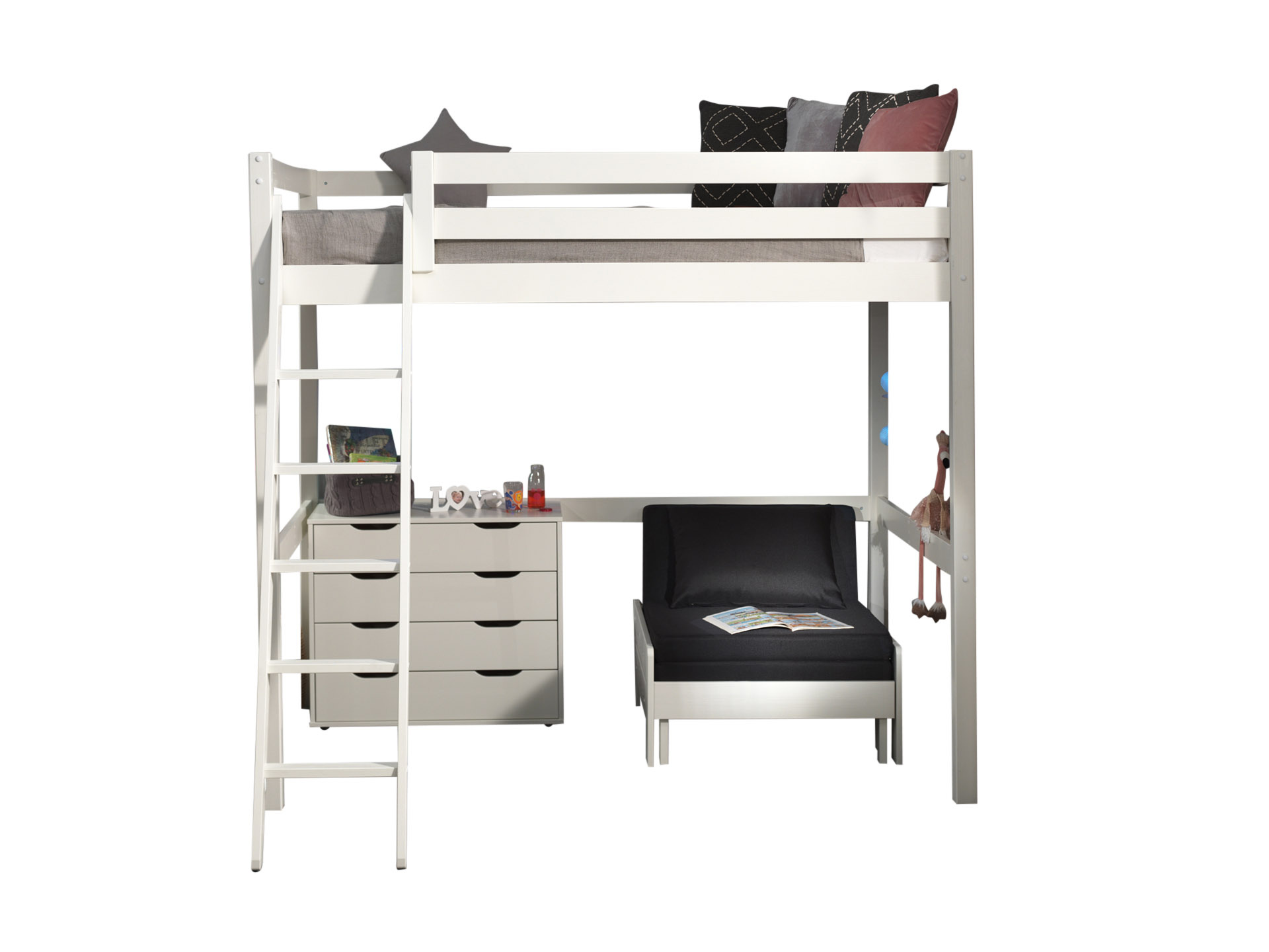 LUCEVI - Pino Mezzanine Bed + Ladder + Commode 4 Laden + Slaapfauteuil - Wit - 140x200 cm