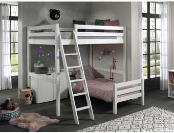 LUCEVI - Pino Mezzanine bed 140x200 cm + Ladder + Commode 2 Deuren + Bed 90x200 cm - Wit