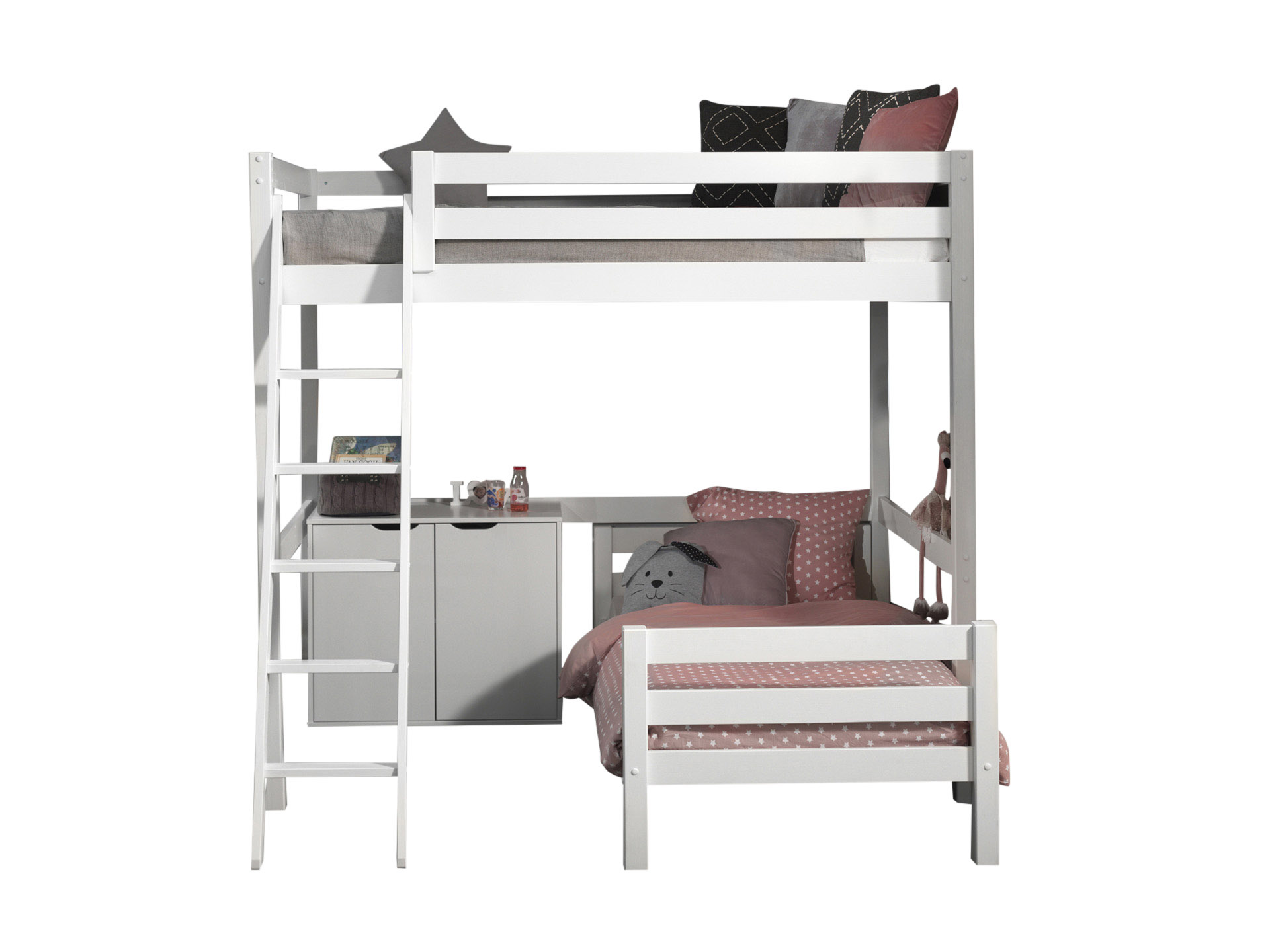LUCEVI - Pino Mezzanine bed 140x200 cm + Ladder + Commode 2 Deuren + Bed 90x200 cm - Wit