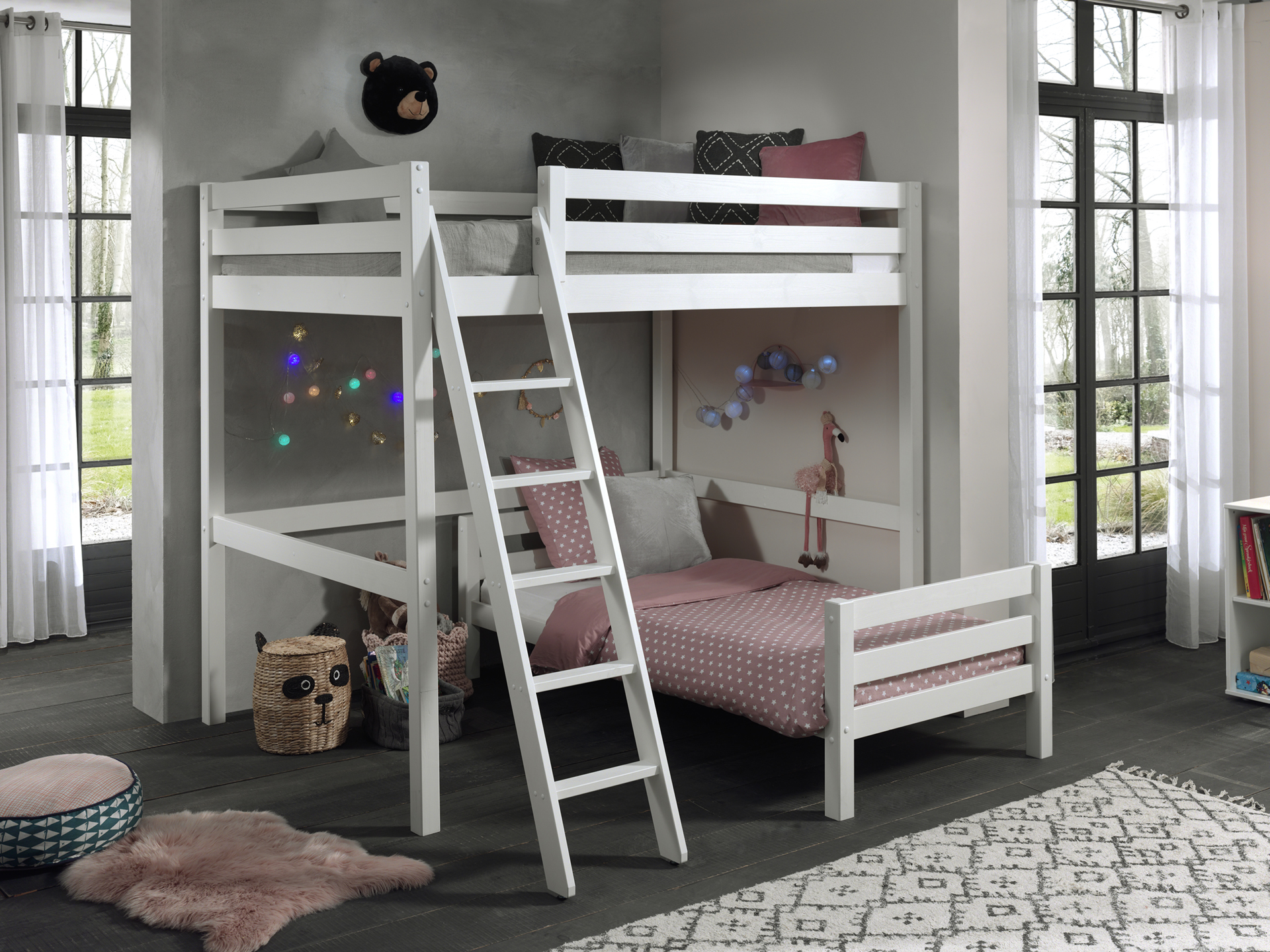 LUCEVI - Pino Mezzanine bed 140x200 cm + Ladder + Bed 90x200 cm - Wit