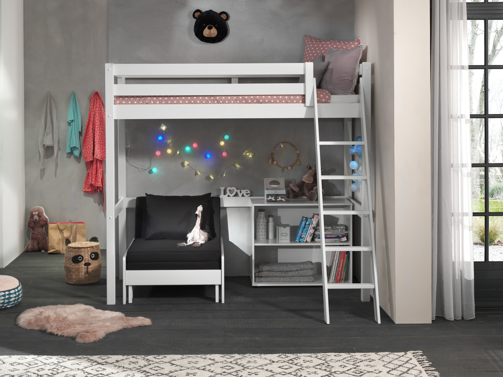 LUCEVI - Pino Mezzanine Bed + Ladder + Boekenkast + Slaapfauteuil - Wit - 90x200 cm