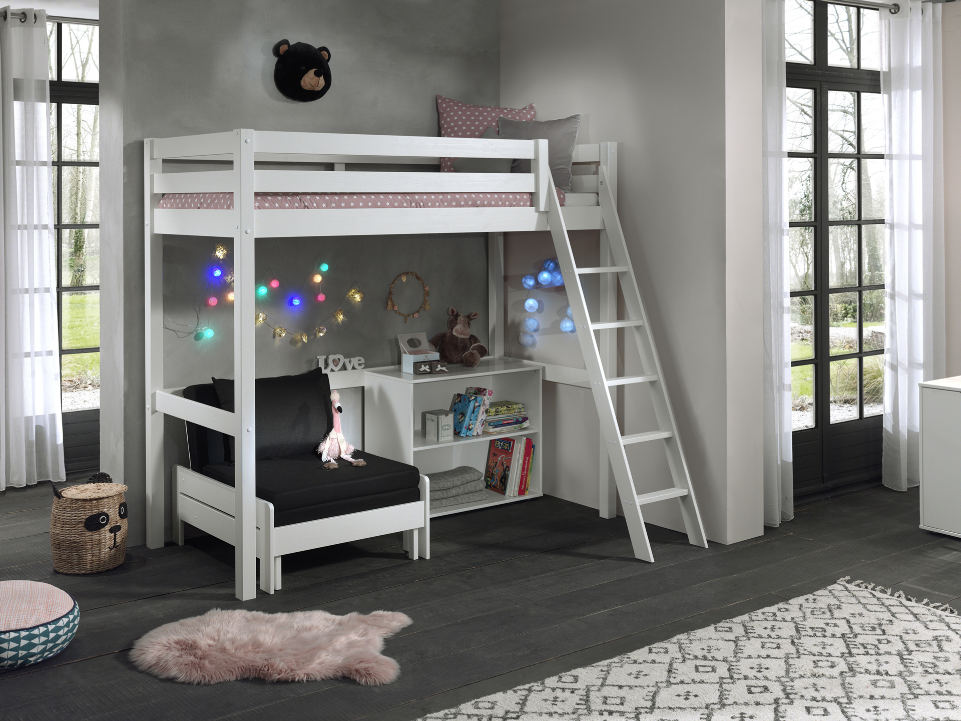 LUCEVI - Pino Mezzanine Bed + Ladder + Boekenkast + Slaapfauteuil - Wit - 90x200 cm