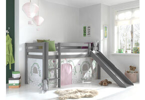 LUCEVI - Pino Halfhoogslaper + Ladder + Glijbaan + Birdy Gordijntjes - Grijs - 90x200 cm