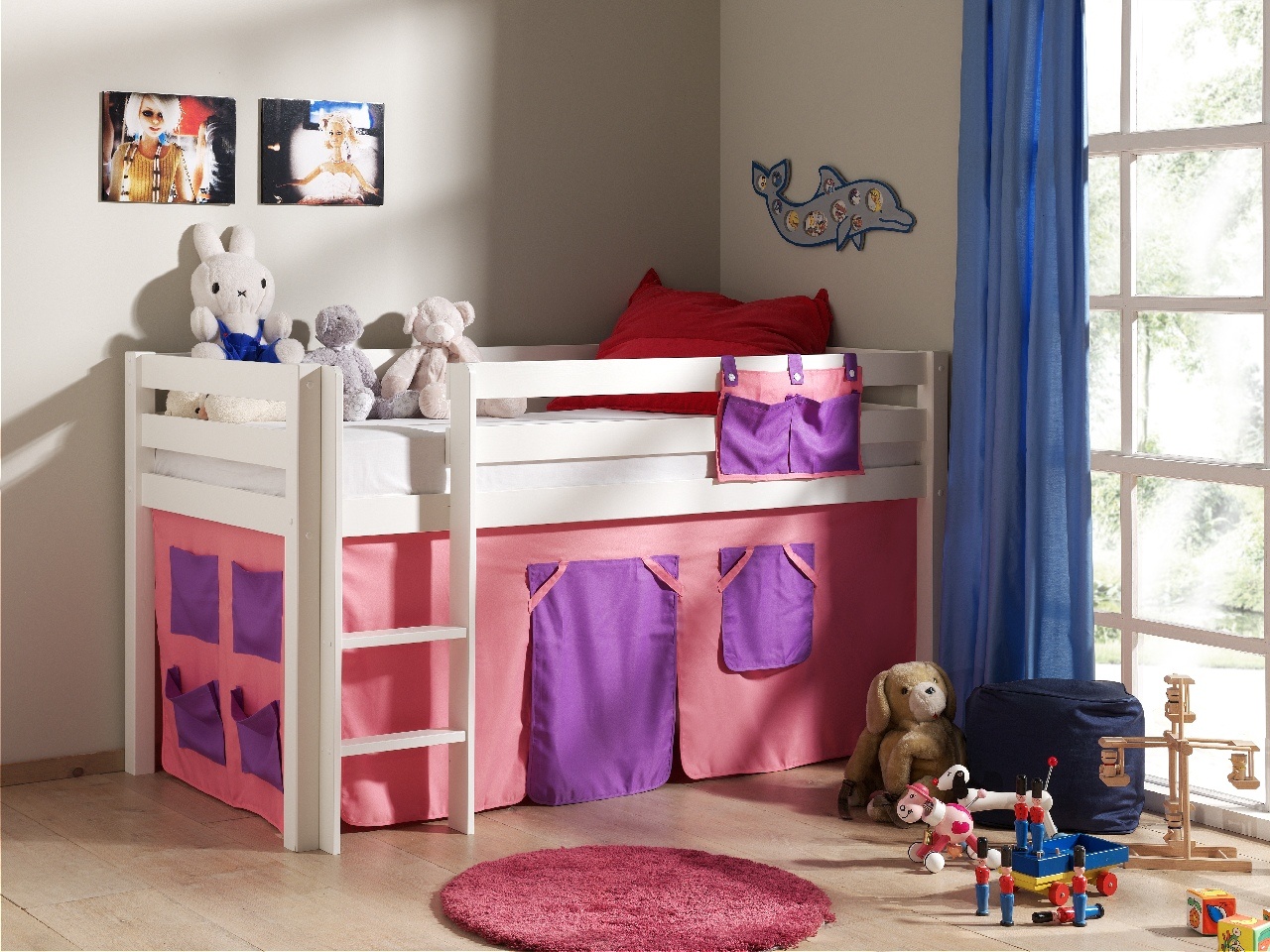 LUCEVI - Pino Halfhoogslaper + Ladder + Set van Bella Gordijntjes - Wit - 90x200 cm