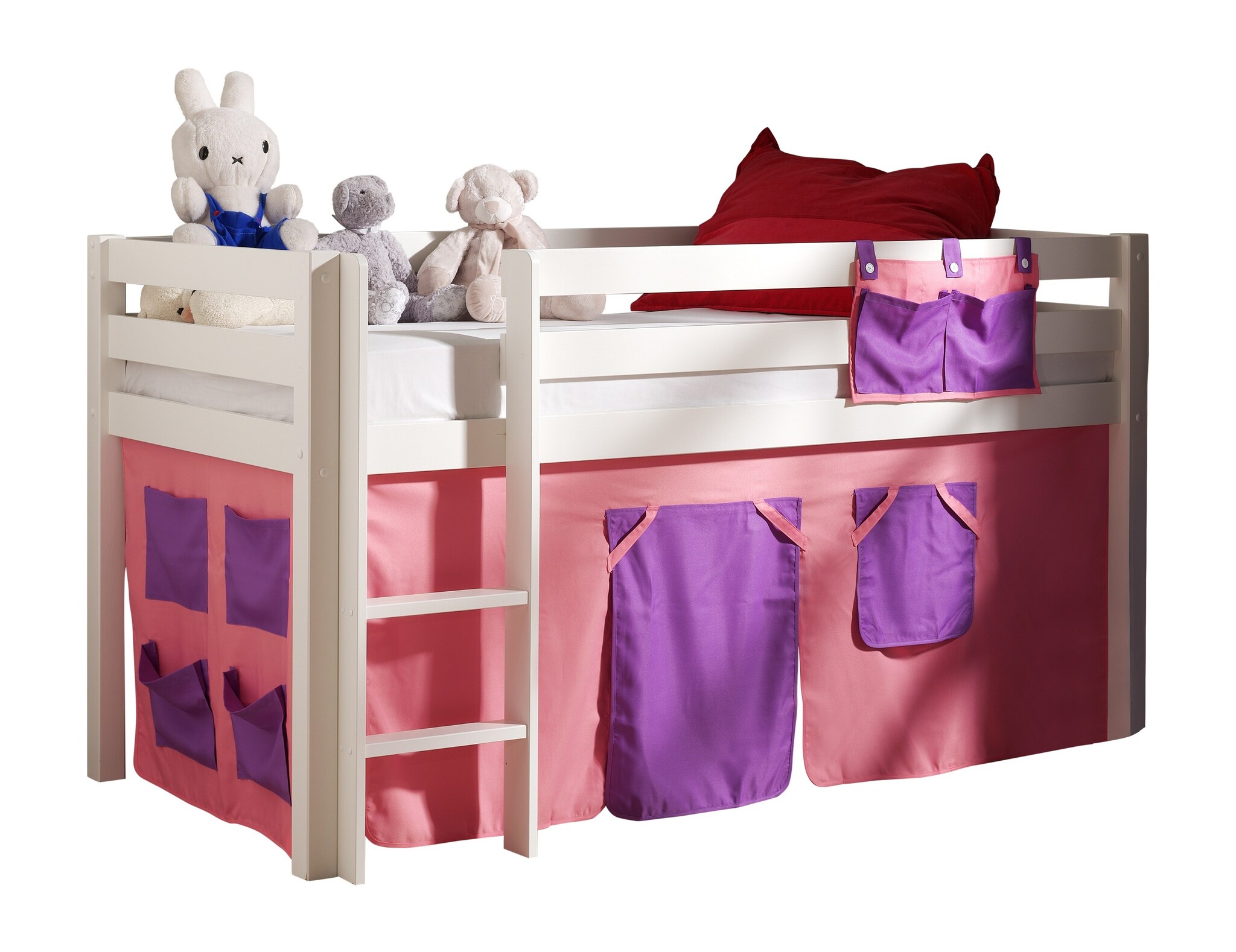 LUCEVI - Pino Halfhoogslaper + Ladder + Set van Bella Gordijntjes - Wit - 90x200 cm