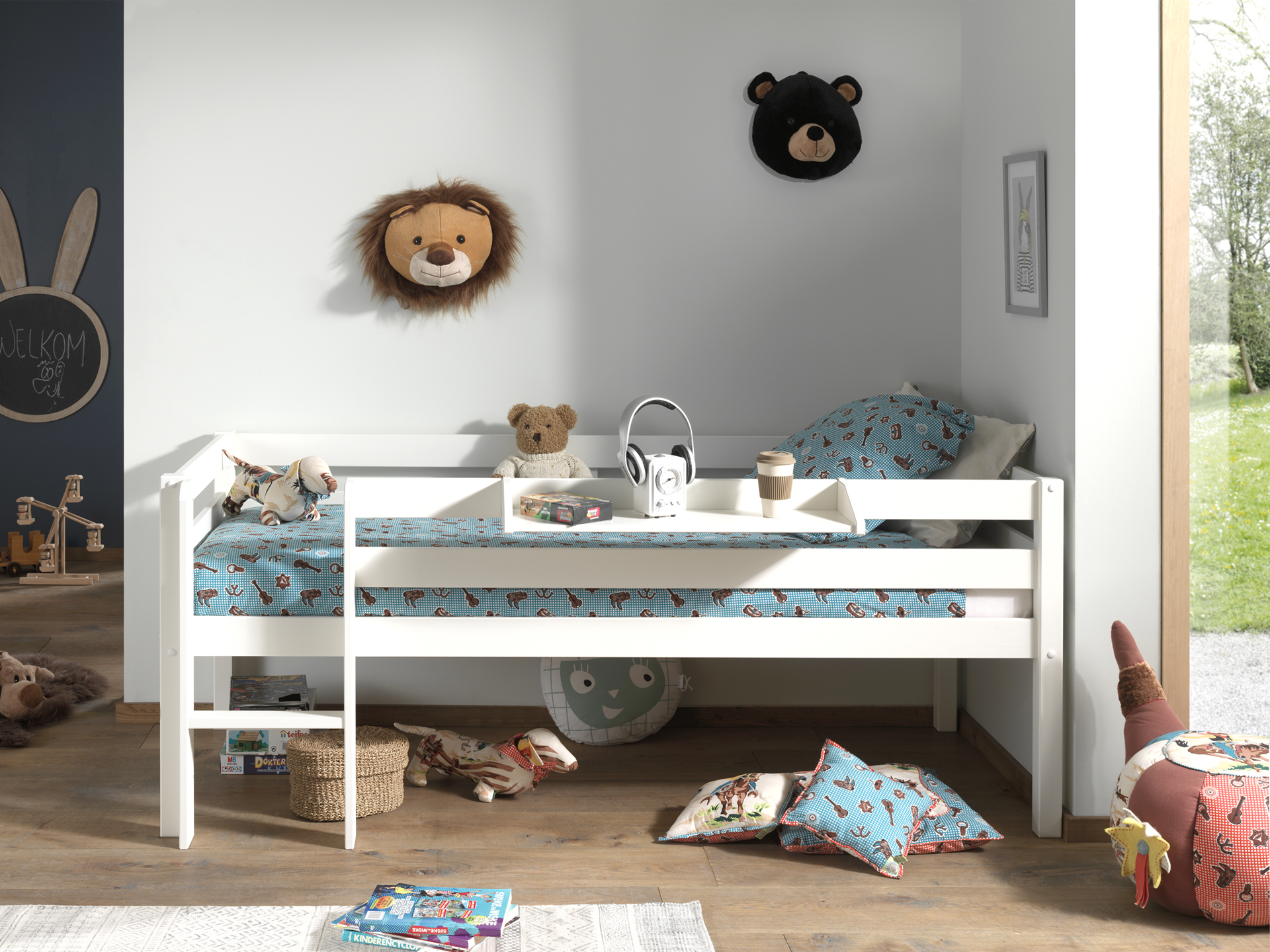 LUCEVI - Pino Halfhoogslaper H85CM + Ladder + Hangplank - Wit - 90x200 cm