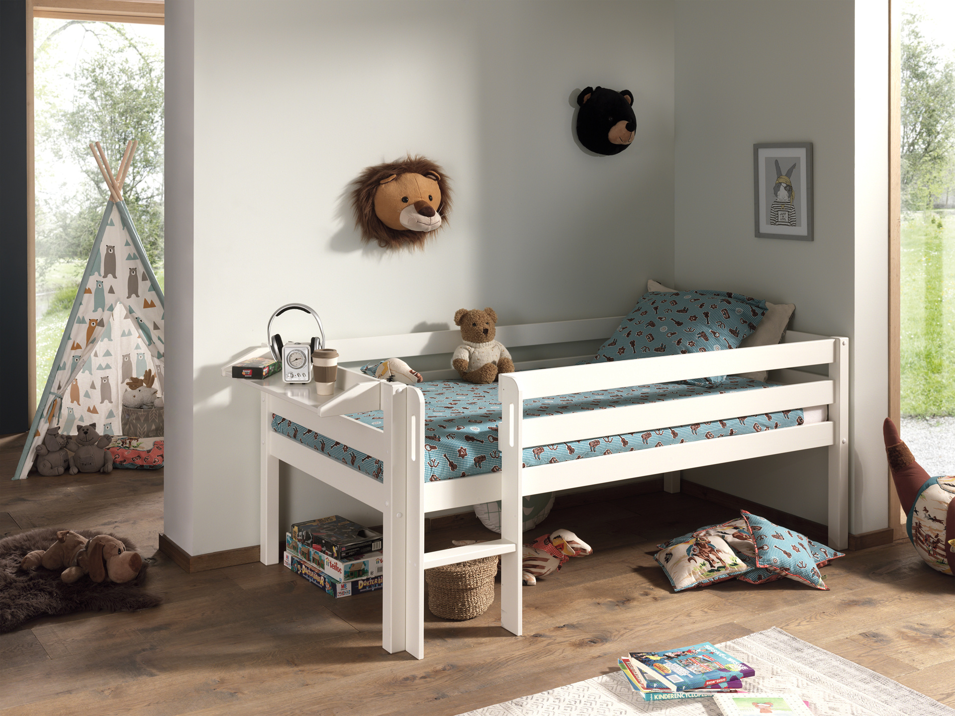 LUCEVI - Pino Halfhoogslaper H85CM + Ladder + Hangplank - Wit - 90x200 cm