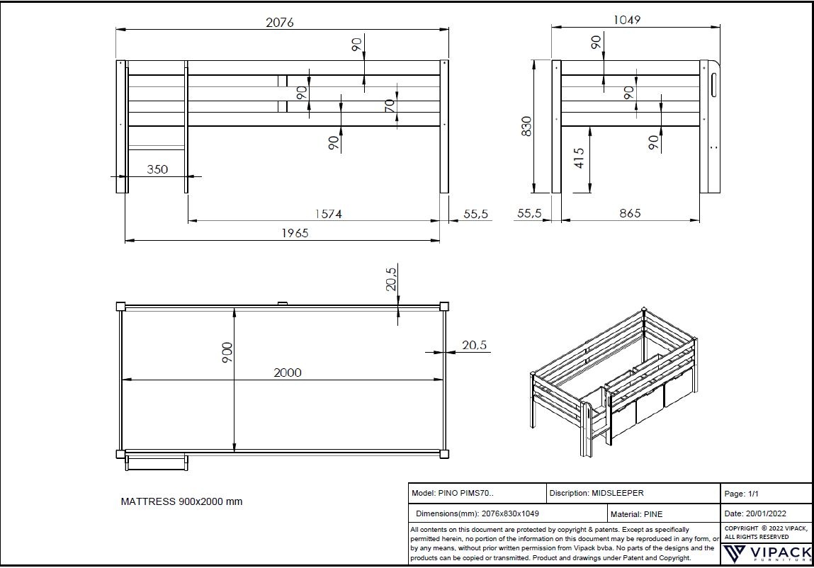 LUCEVI - Pino Halfhoogslaper H85CM + Ladder + Hangplank - Wit - 90x200 cm