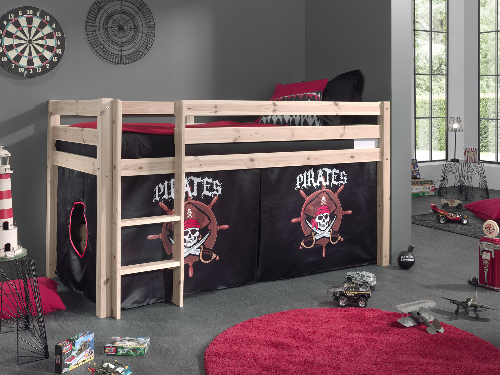 LUCEVI - Pino Halfhoogslaper + Ladder + Pirates Gordijntjes - Bruin - 90x200 cm