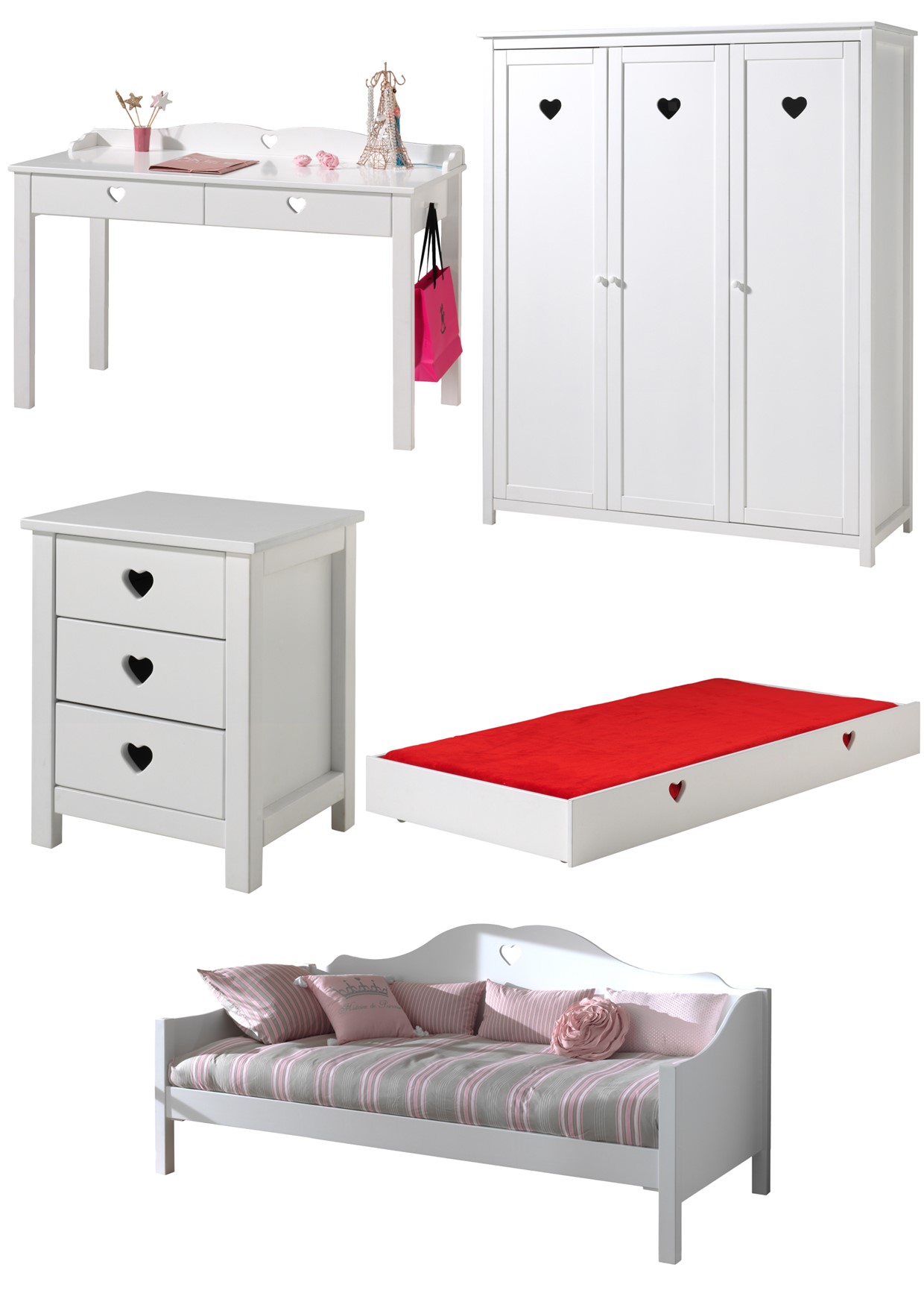LUCEVI - Amori Kajuitbed + Rolbed + Nachtkastje + 3 Deurs Kleerkast + Bureau - Wit - 90x200 cm