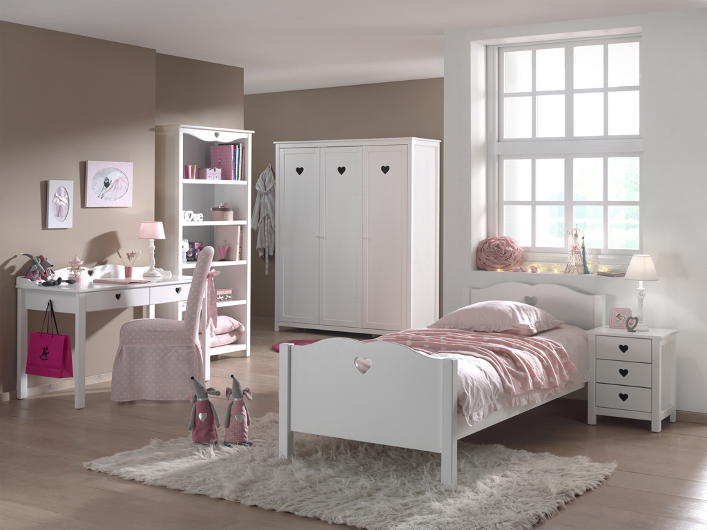 LUCEVI - Amori bed + Lattenbodem + Nachtkastje + 2 Deurs Kleerkast + Bureau + Boekenkast - Wit - 90x200 cm