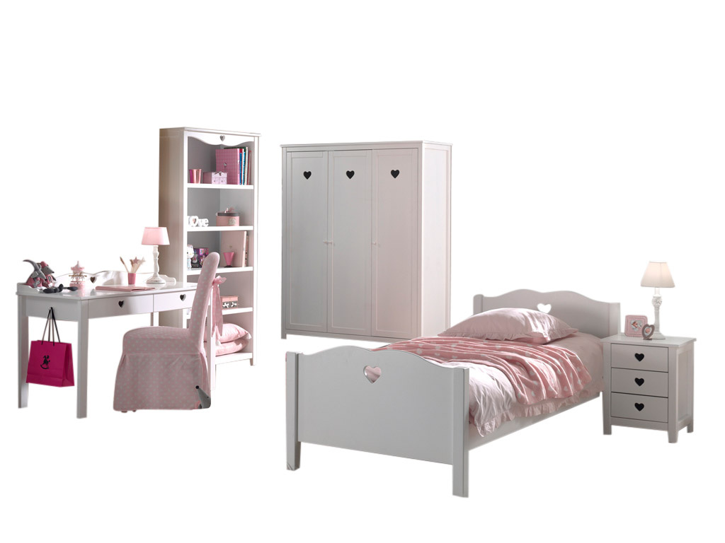 LUCEVI - Amori bed + Lattenbodem + Nachtkastje + 2 Deurs Kleerkast + Bureau + Boekenkast - Wit - 90x200 cm