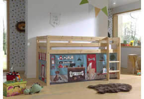 LUCEVI - Pino Halfhoogslaper H115CM + Ladder + Pet Shop Gordijntjes - Bruin - 90x200 cm