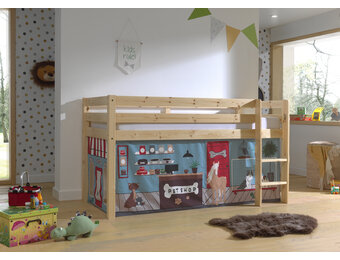 LUCEVI - Pino Halfhoogslaper H115CM + Ladder + Pet Shop Gordijntjes - Bruin - 90x200 cm