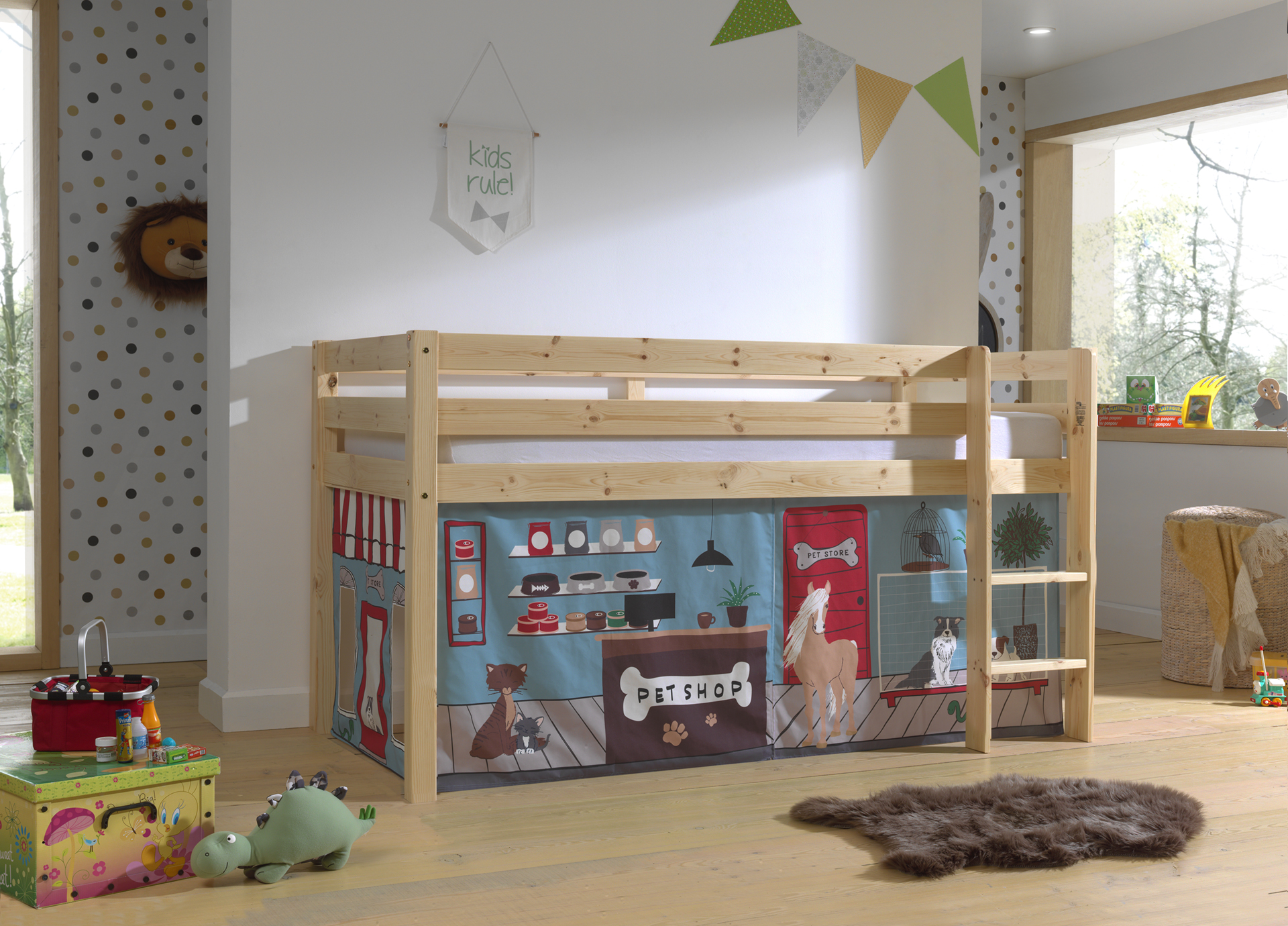 LUCEVI - Pino Halfhoogslaper H115CM + Ladder + Pet Shop Gordijntjes - Bruin - 90x200 cm