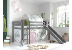 LUCEVI - Pino Halfhoogslaper + Ladder + Glijbaan + Birdy Gordijntjes + Birdy Tunnel - Grijs - 90x200 cm
