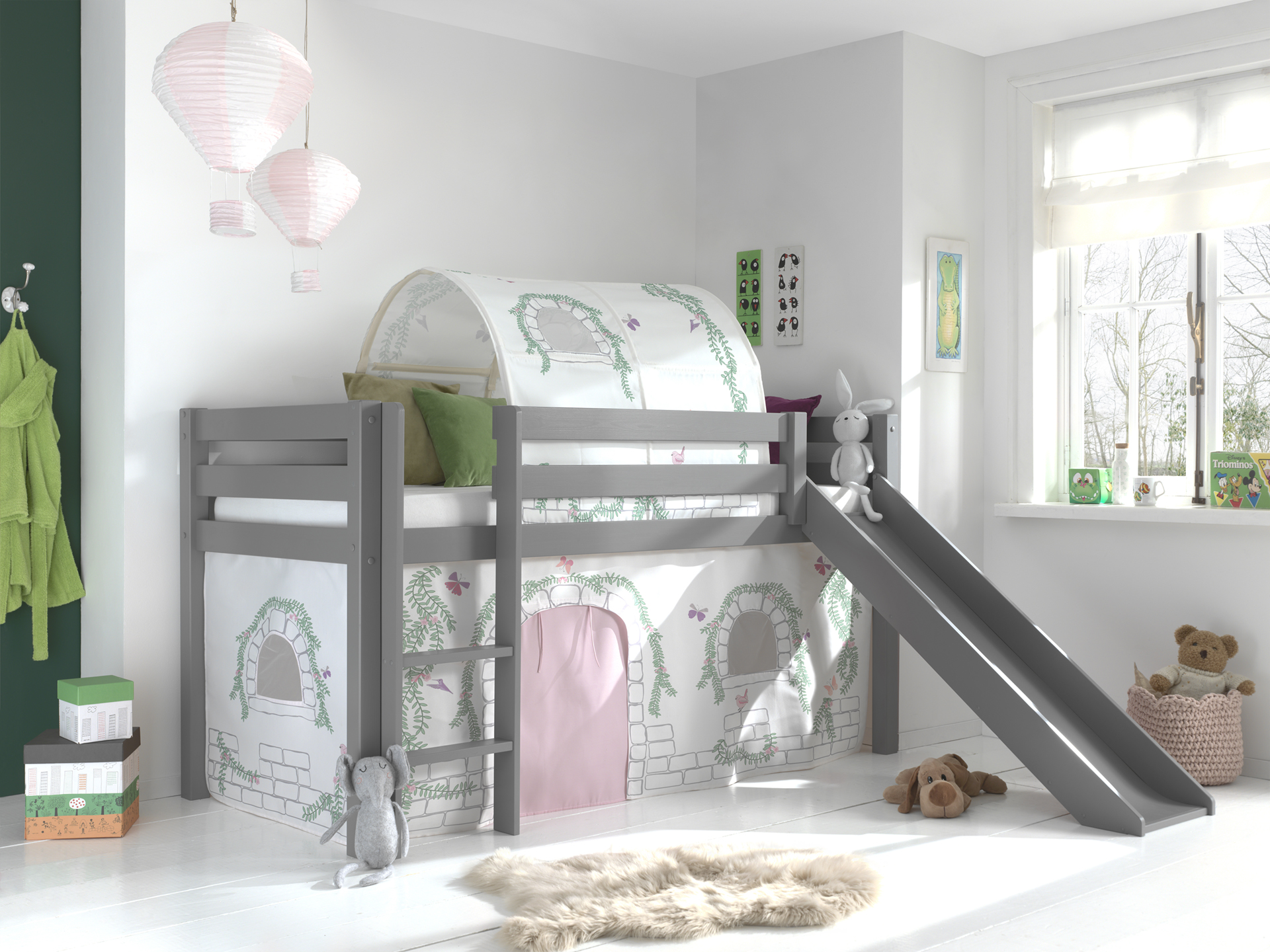 LUCEVI - Pino Halfhoogslaper + Ladder + Glijbaan + Birdy Gordijntjes + Birdy Tunnel - Grijs - 90x200 cm