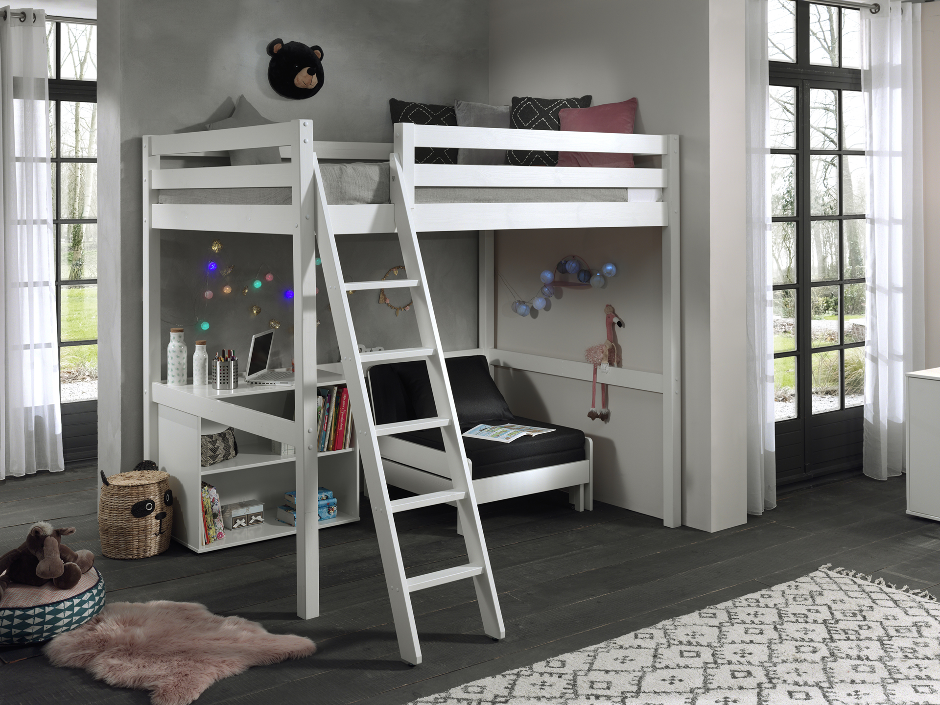 LUCEVI - Pino Mezzanine Bed + Ladder + Boekenkast + Slaapfauteuil - Wit - 140x200 cm