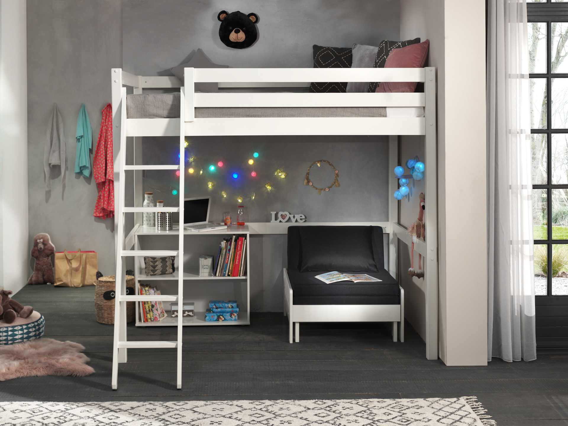 LUCEVI - Pino Mezzanine Bed + Ladder + Boekenkast + Slaapfauteuil - Wit - 140x200 cm