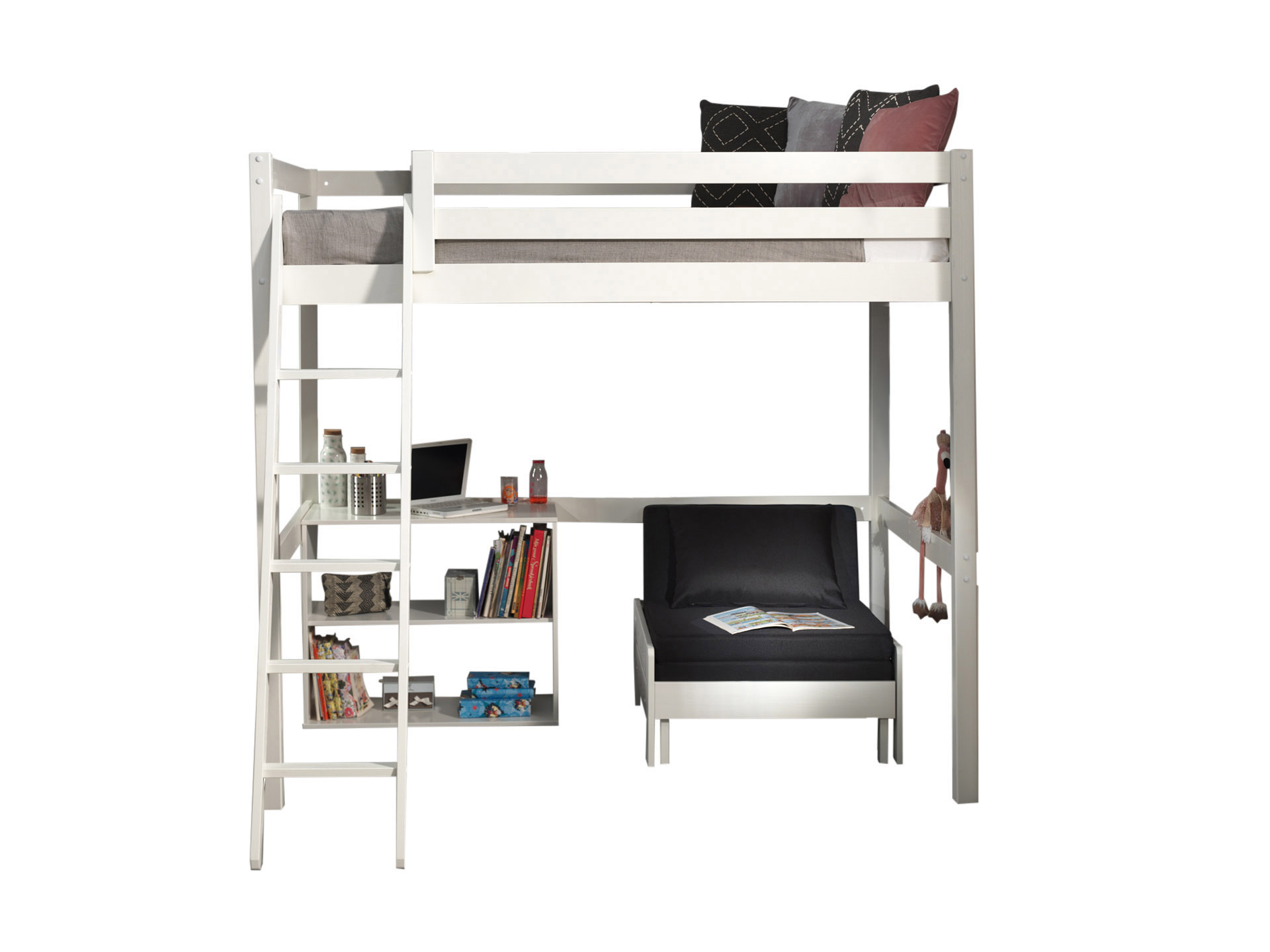 LUCEVI - Pino Mezzanine Bed + Ladder + Boekenkast + Slaapfauteuil - Wit - 140x200 cm
