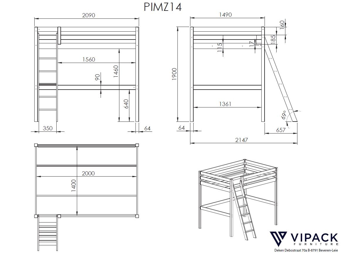 LUCEVI - Pino Mezzanine Bed + Ladder + Boekenkast + Slaapfauteuil - Wit - 140x200 cm