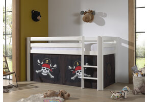 LUCEVI - Pino Halfhoogslaper H115CM + Ladder + Caribian Pirates Gordijntjes - Wit - 90x200 cm