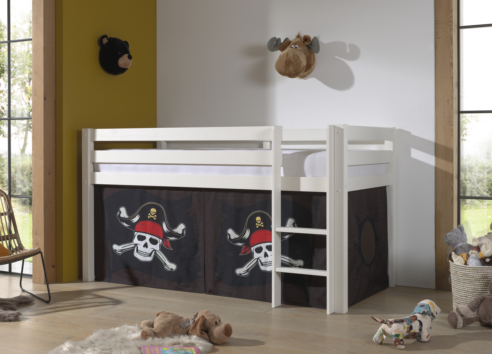 LUCEVI - Pino Halfhoogslaper H115CM + Ladder + Caribian Pirates Gordijntjes - Wit - 90x200 cm