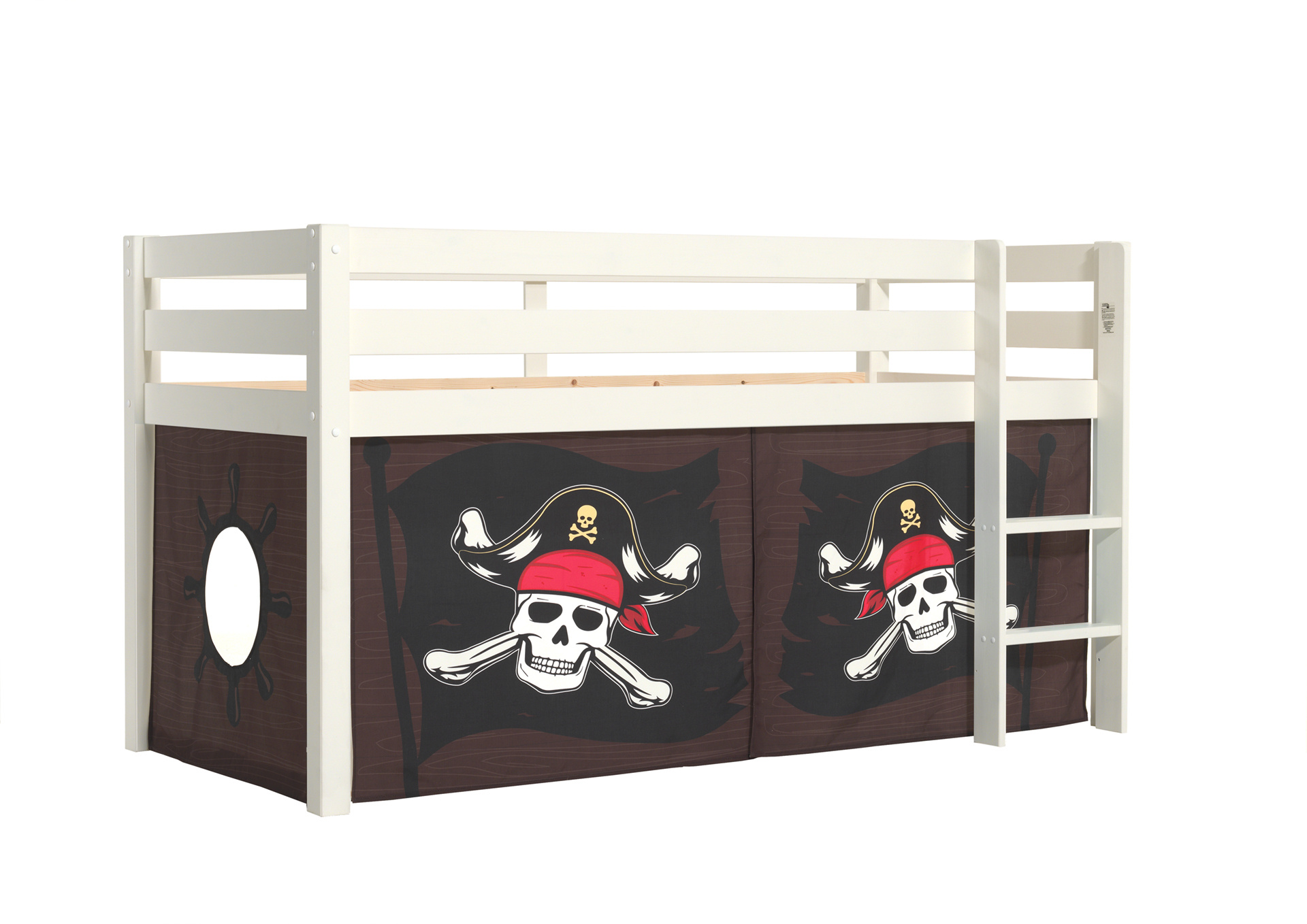 LUCEVI - Pino Halfhoogslaper H115CM + Ladder + Caribian Pirates Gordijntjes - Wit - 90x200 cm