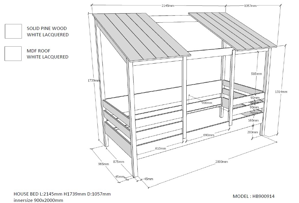 LUCEVI - Housebed 09 Huisbed + Rolbed - Wit - 90x200 cm