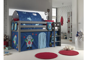 LUCEVI - Pino Halfhoogslaper H115CM + Ladder + Astro Gordijntjes + 3 Zakjes + Astro Tunnel - Grijs - 90x200 cm