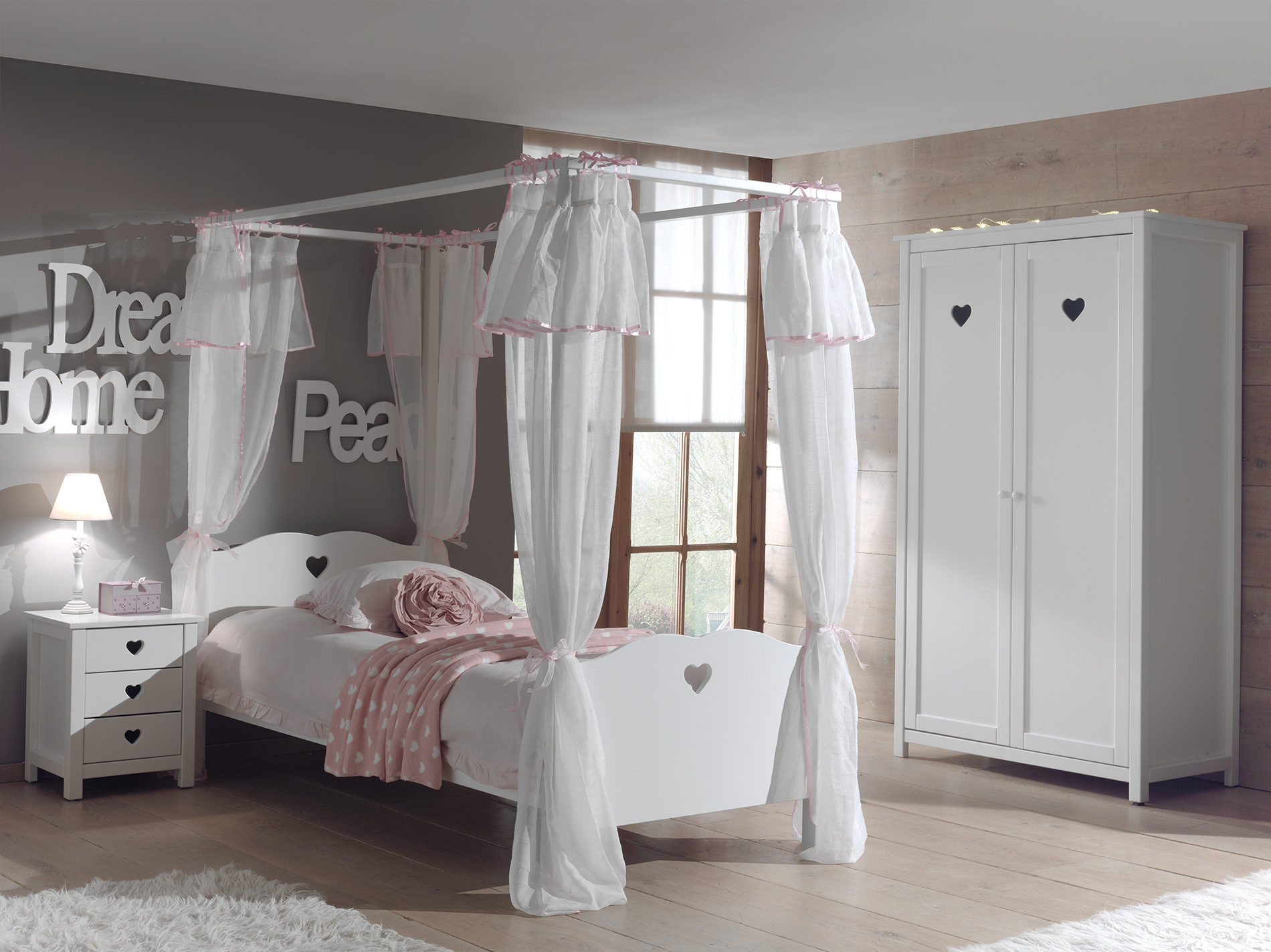 LUCEVI - Amori hemelbed + Lattenbodem + Nachtkastje + 2 Deurs Kleerkast + Bedlinnen - Wit - 90x200 cm