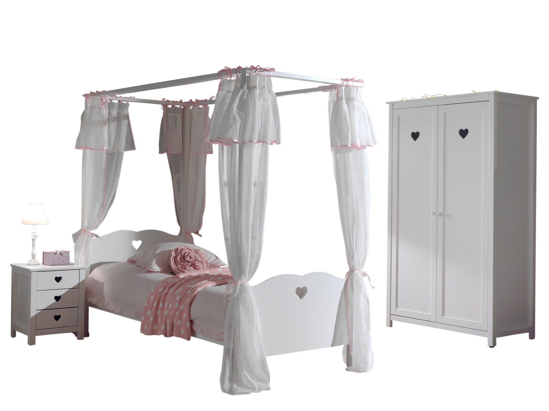 LUCEVI - Amori hemelbed + Lattenbodem + Nachtkastje + 2 Deurs Kleerkast + Bedlinnen - Wit - 90x200 cm