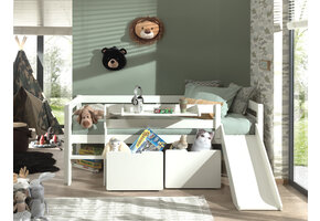 LUCEVI - Pino Halfhoogslaper H85CM + Glijbaan + Ladder + Set van 2 Laden + Hangplank - Wit - 90x200 cm