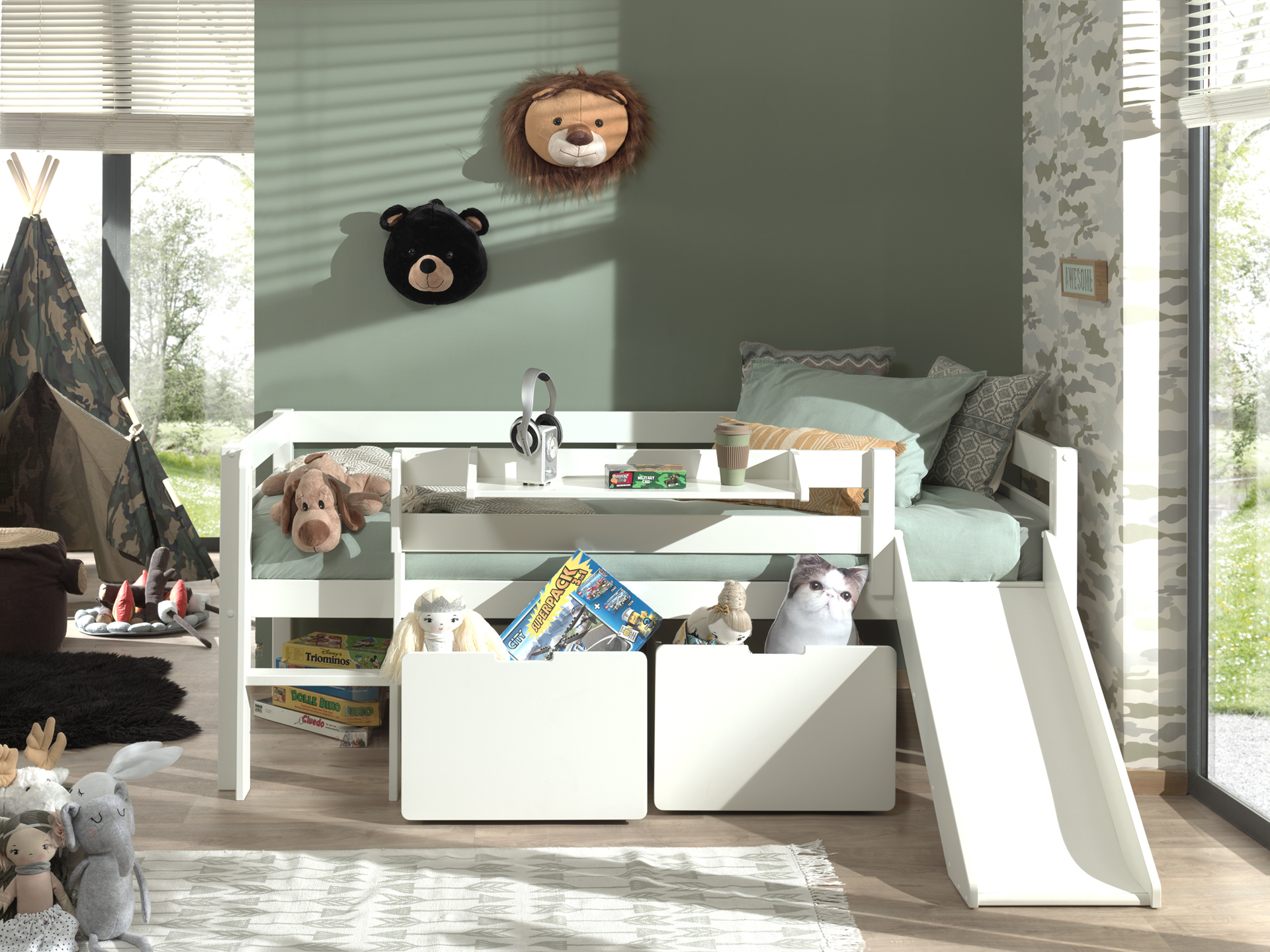 LUCEVI - Pino Halfhoogslaper H85CM + Glijbaan + Ladder + Set van 2 Laden + Hangplank - Wit - 90x200 cm