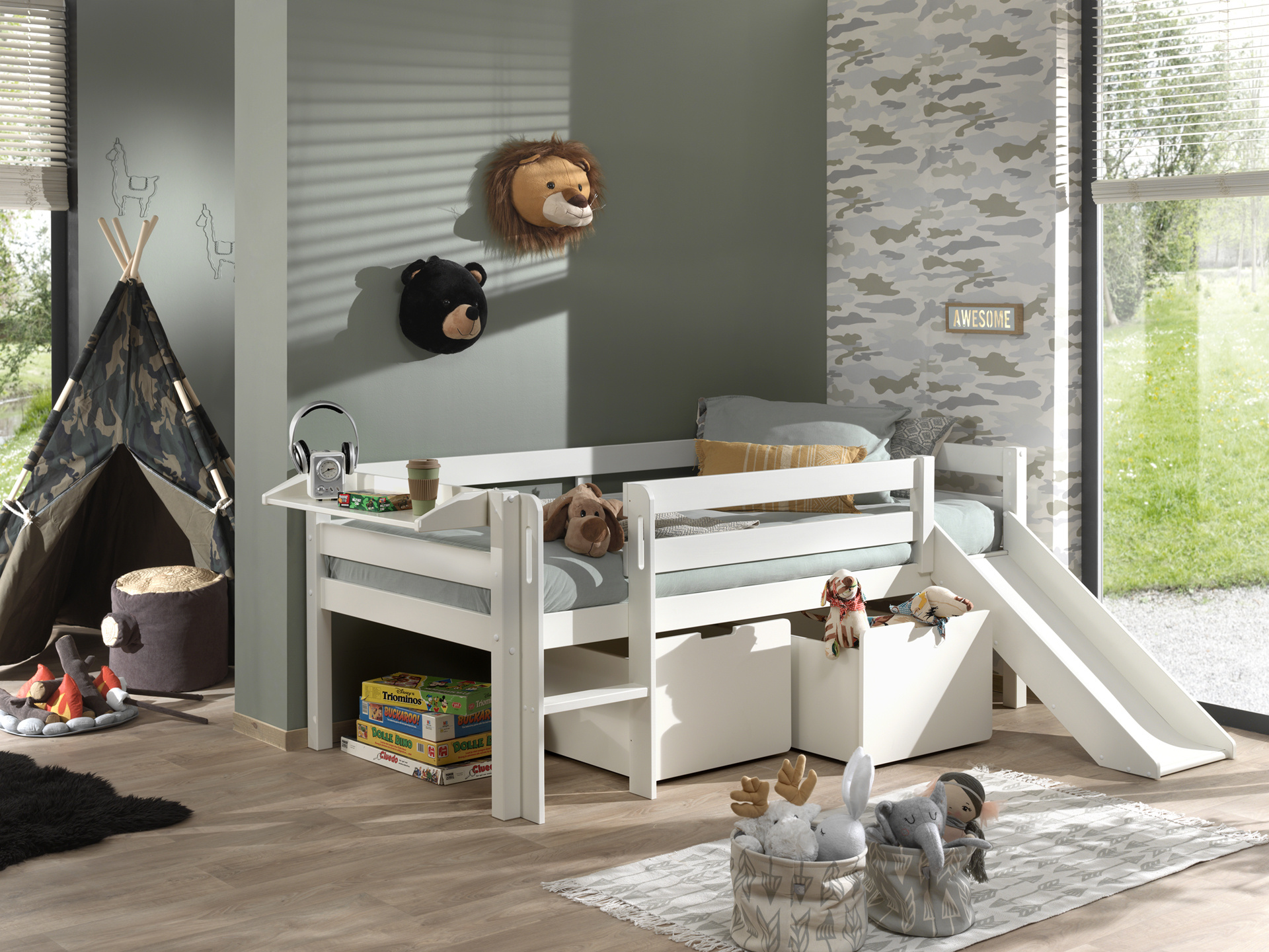 LUCEVI - Pino Halfhoogslaper H85CM + Glijbaan + Ladder + Set van 2 Laden + Hangplank - Wit - 90x200 cm